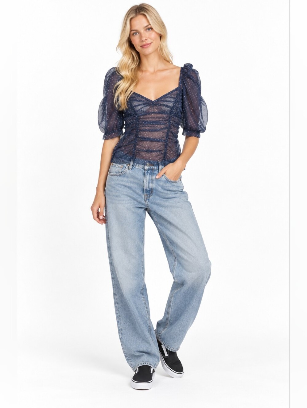 NWT Zara Size S Sheer Polka Dot Blue Top